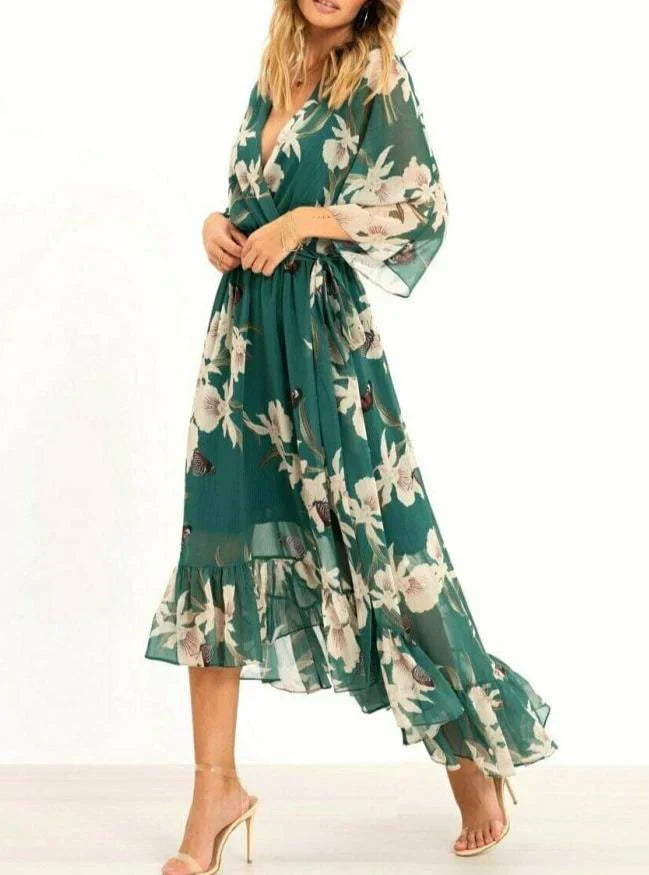 Out-Shine | Dress Green With 3/4 Sleeves And V-Neck