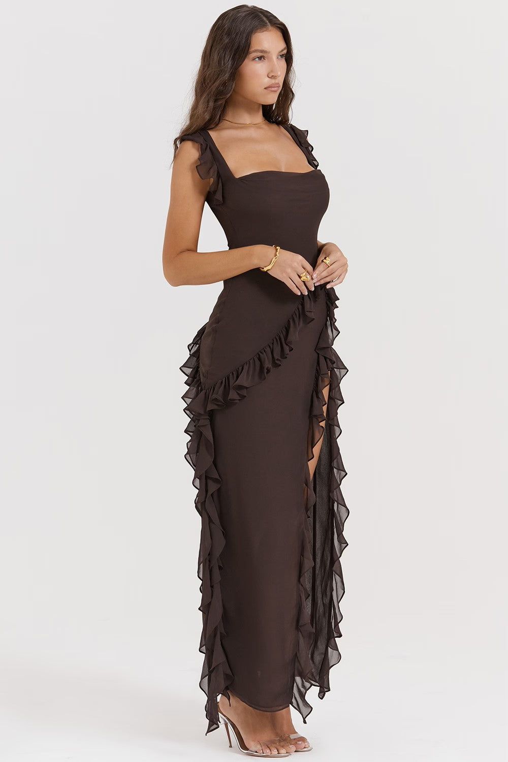 Out-Shine | Women's Stylish High Slit Dress Ruffle