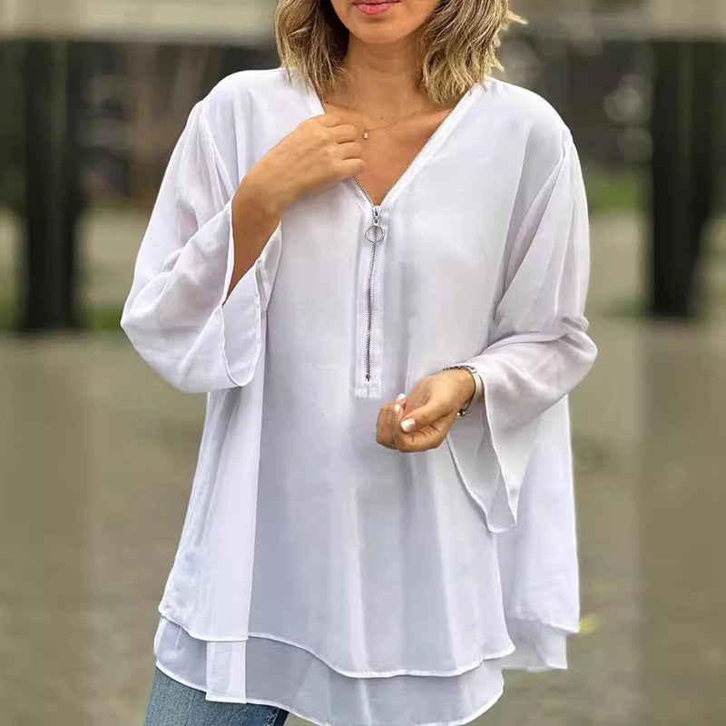 Out-Shine | Chiffon zipper top with V-neck