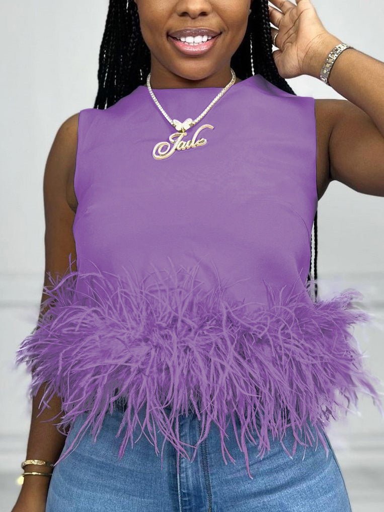 Out-Shine | Women's Crop Top Short - Sleeved Panel Feather Tank Top