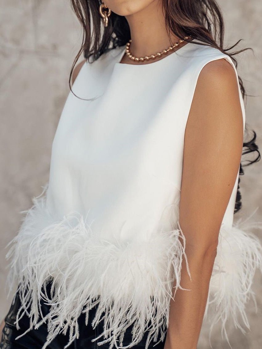 Out-Shine | Women's Crop Top Short - Sleeved Panel Feather Tank Top